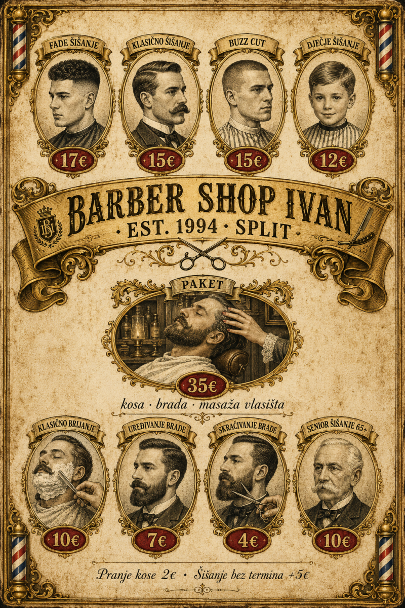 Barber Shop Ivan cjenik usluga: klasično šišanje 12€, fade 15€, buzz cut 13€, brijanje 8€, brada od 4€, šišanje+brada od 16€, dječje 10€, senior 9€
